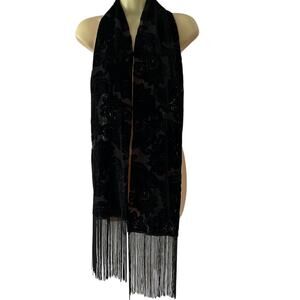 Cato Black Flocked Velvet Paisley Print Scarf 🧣64” Long plus Fringe